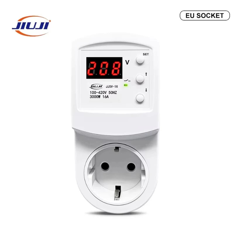 JJSV-16 Smart Plug 16A Voltage Protector for Refrigerator Freezer – Digital Over/Under Voltage Relay Surge Protector Socket