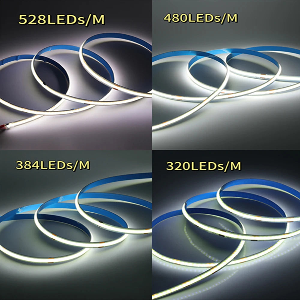 12V 5V USB COB LED Strip Light With 2Pin Wire 320 384 480 528 LEDs Flexible Tape Linear Lighting Warm White Pink Blue Red Yellow