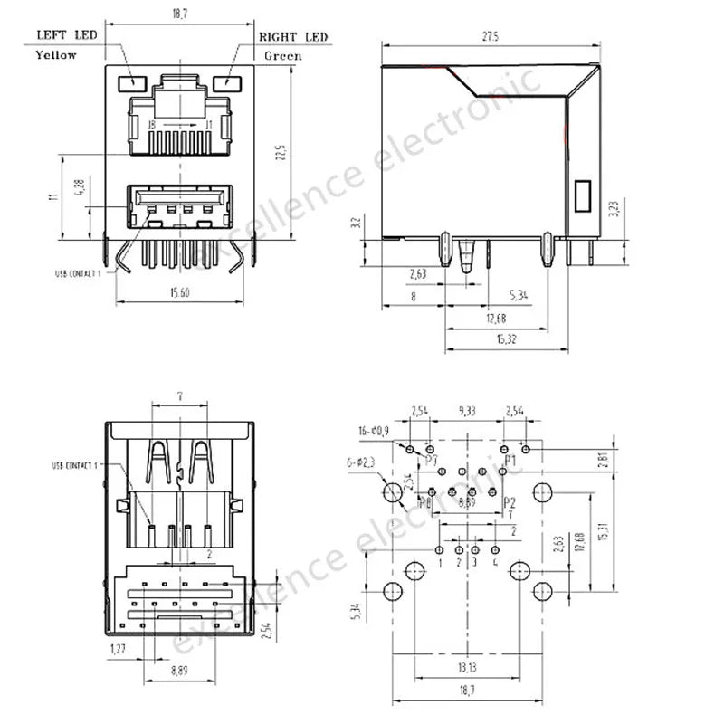 1PCS New Network Connector Module Single USB + RJ45 Socket with / Without LED for Printed Circuit Boards Special