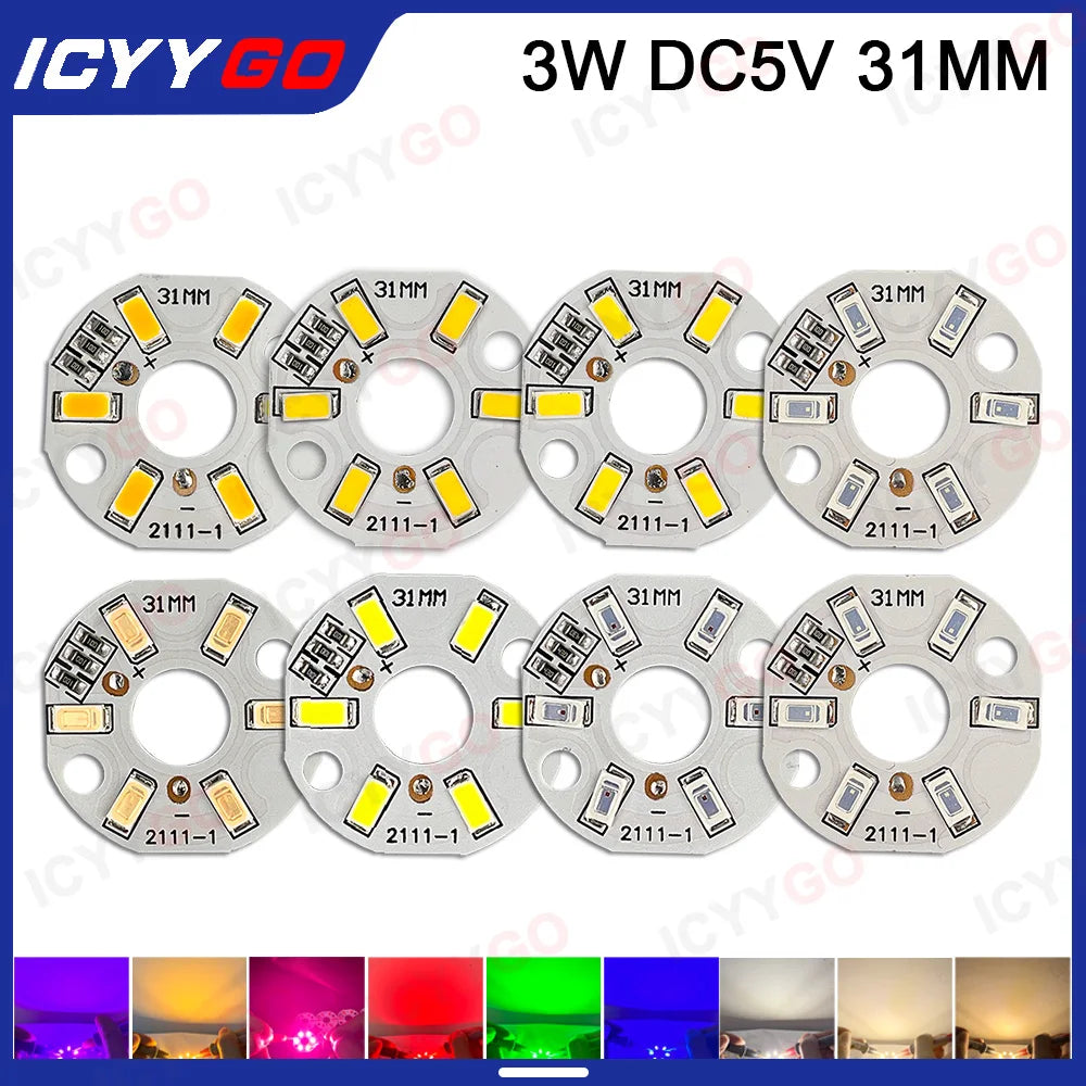 10 Pieces LED 3W 5V USB Light Board SMD 5730 Chip Red Green Warm White Yellow Purple Round Changing Light Source With 20 Cm Cabl