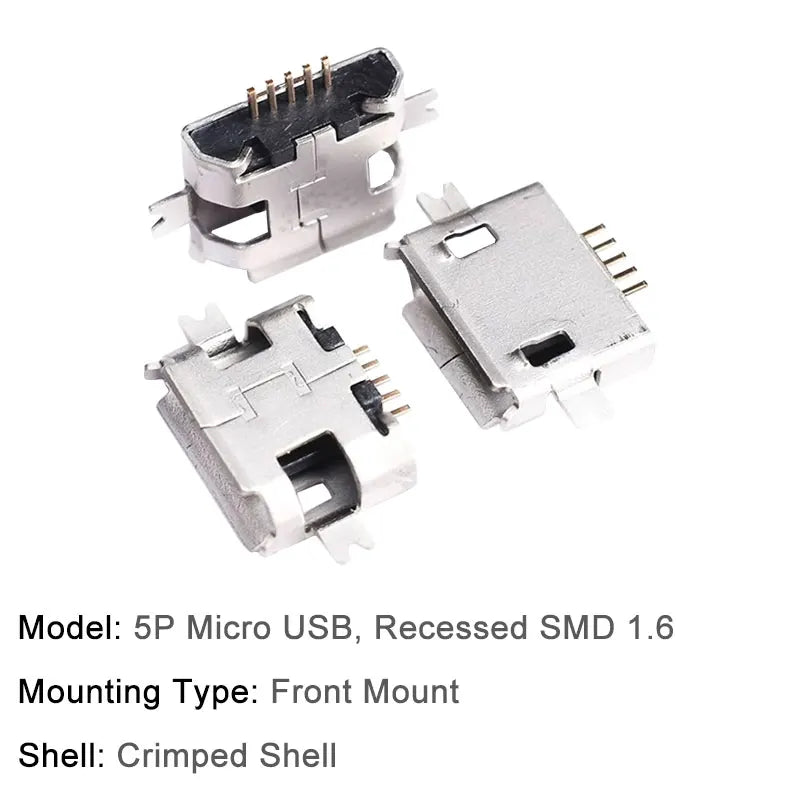 100/1000PCS Micro USB Android Female Charging Socket, Flat Edge Crimped Type, 5Pin, 4 Mounting Pins, SMD & DIP Tail Connector