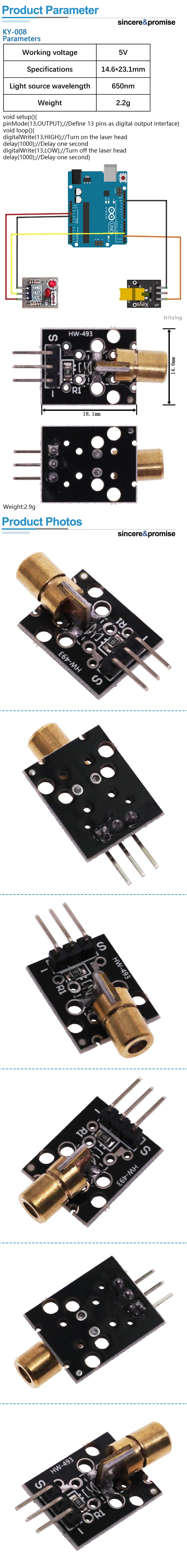KY-008 650nm Laser Sensor Module 3Pin 6mm 5V 5mW Red Laser Dot Diode Copper Head for Arduino DIY Kit