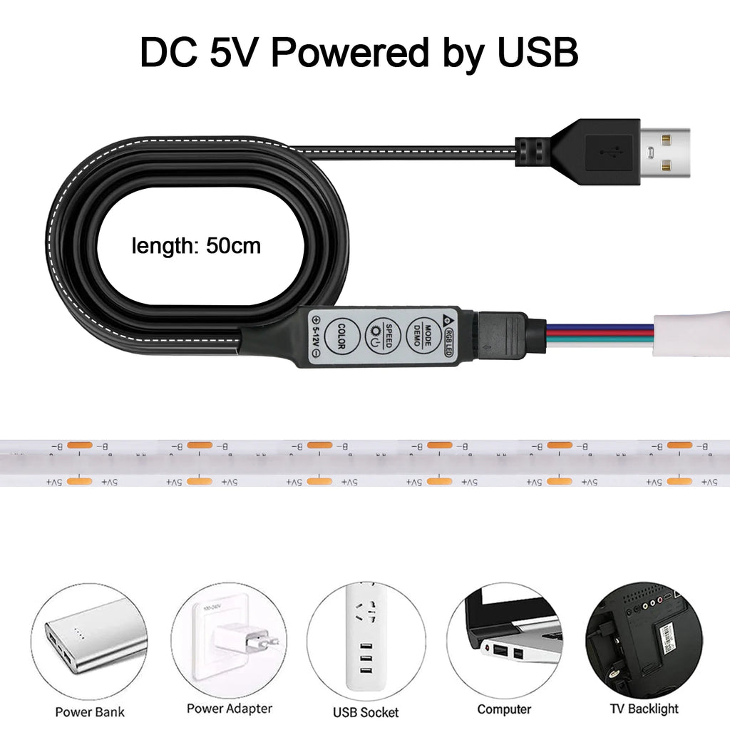 5V RGB COB LED Strip 576LEDs/m Bluetooh App IR Remote Control USB RGB LED Strip Flexible Tape for TV Backlight Room Decoration