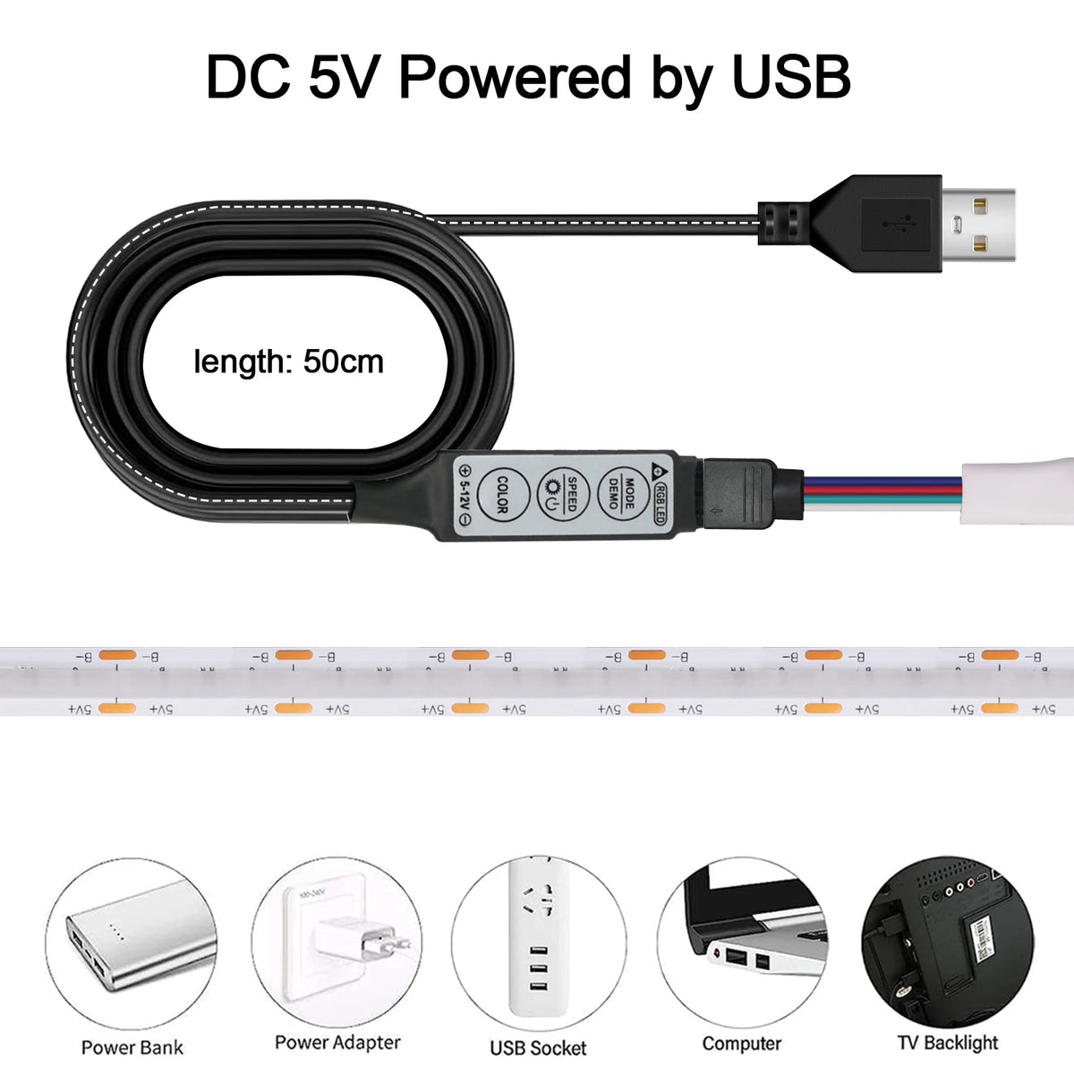 5V RGB COB LED Strip 576LEDs/m Bluetooh App IR Remote Control USB RGB LED Strip Flexible Tape for TV Backlight Room Decoration