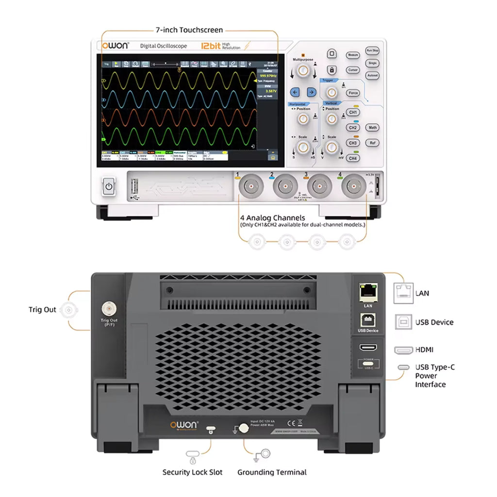 OWON ADS800A Portable Digital Oscilloscope 100MHz Bandwidth 1GSa/s 7" TFT-LCD Storage Multimeter Auto Measure USB/PC Connect