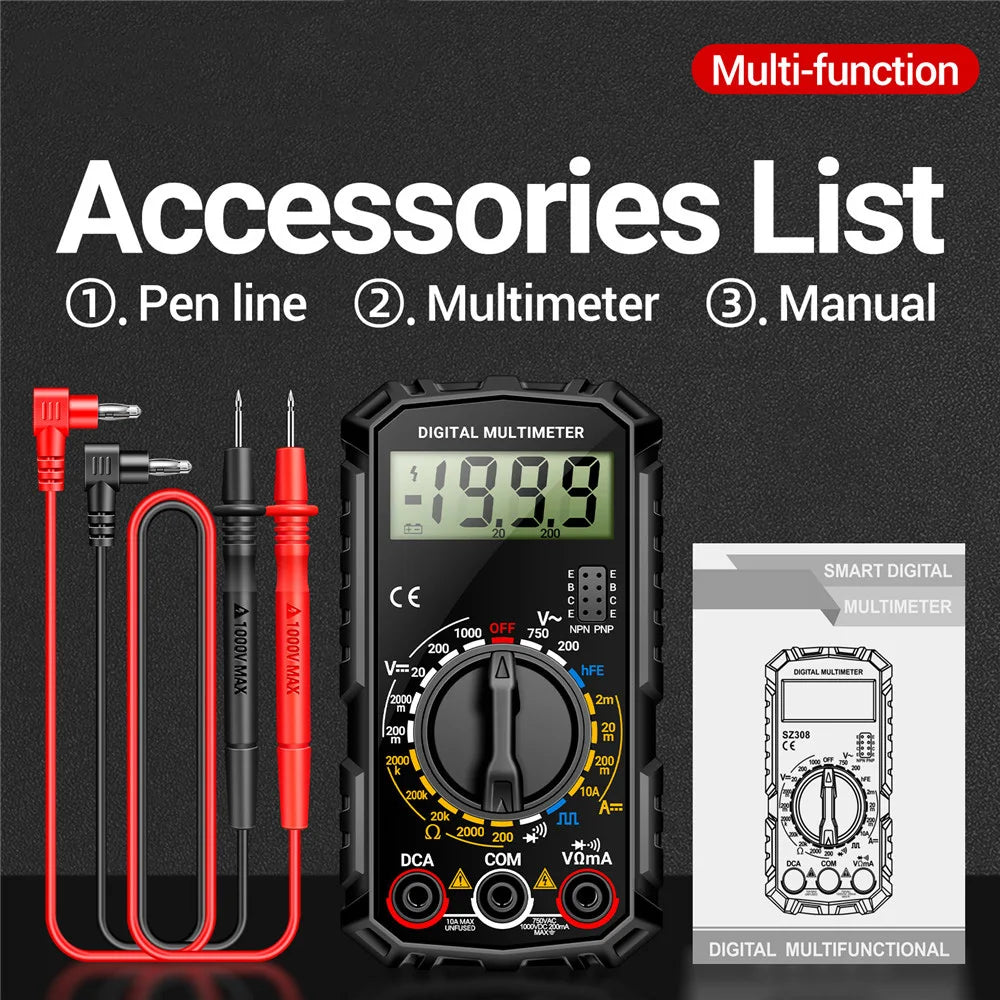Digital Multimeter Voltage Tester Voltmeter SZ06 SZ308 TRMS 2000 Counts Auto-Ranging Ohm Volt Amp Meter Measuring AC/DC Voltage