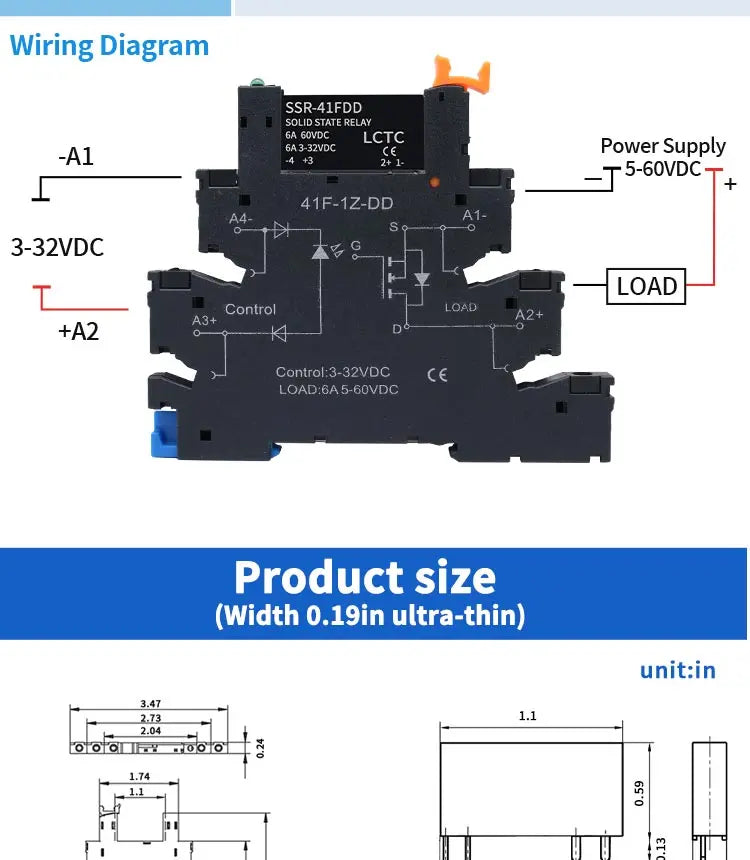 LCTC 1PCS Slim Relay Board Din Rail Relay Module SSR Terminal Solid State Relay With LED 6A SSR-41FDA SSR-41FDD DC-AC DC- DC