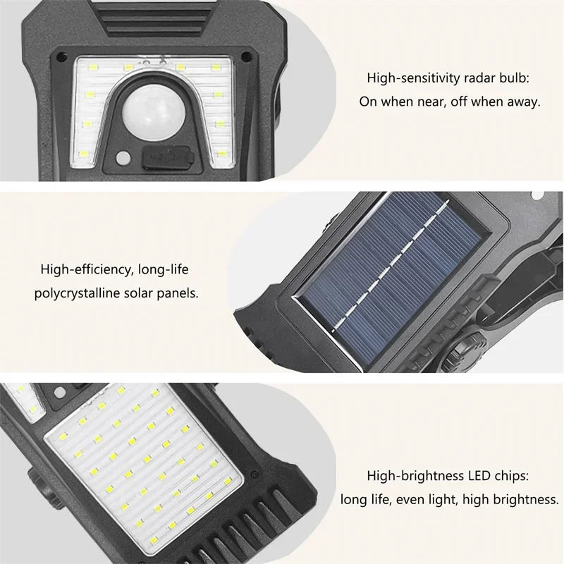 Clip‑on Solar Lights Outdoor Waterproof LED Motion Sensor Solar Security Lights, 3 Modes 3 Mounting Ways Lighting for Fence