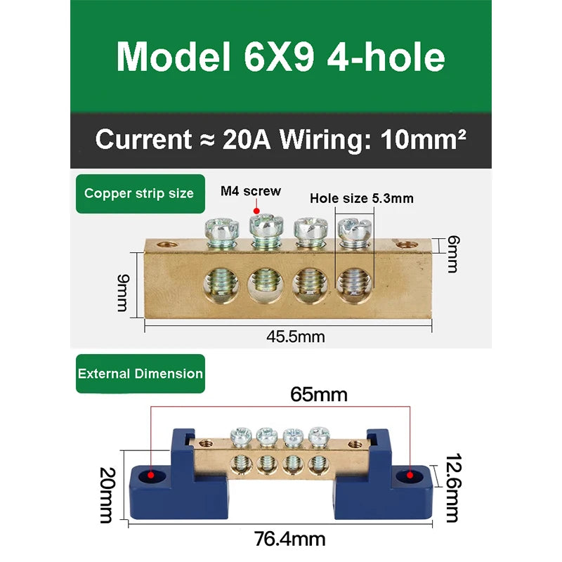 019 Series 6*9 8*12 4/6/8/10/12/14/16 Hole Zero Ground Row Copper Bar Connection Terminal Wiring Terminal of Distribution Box