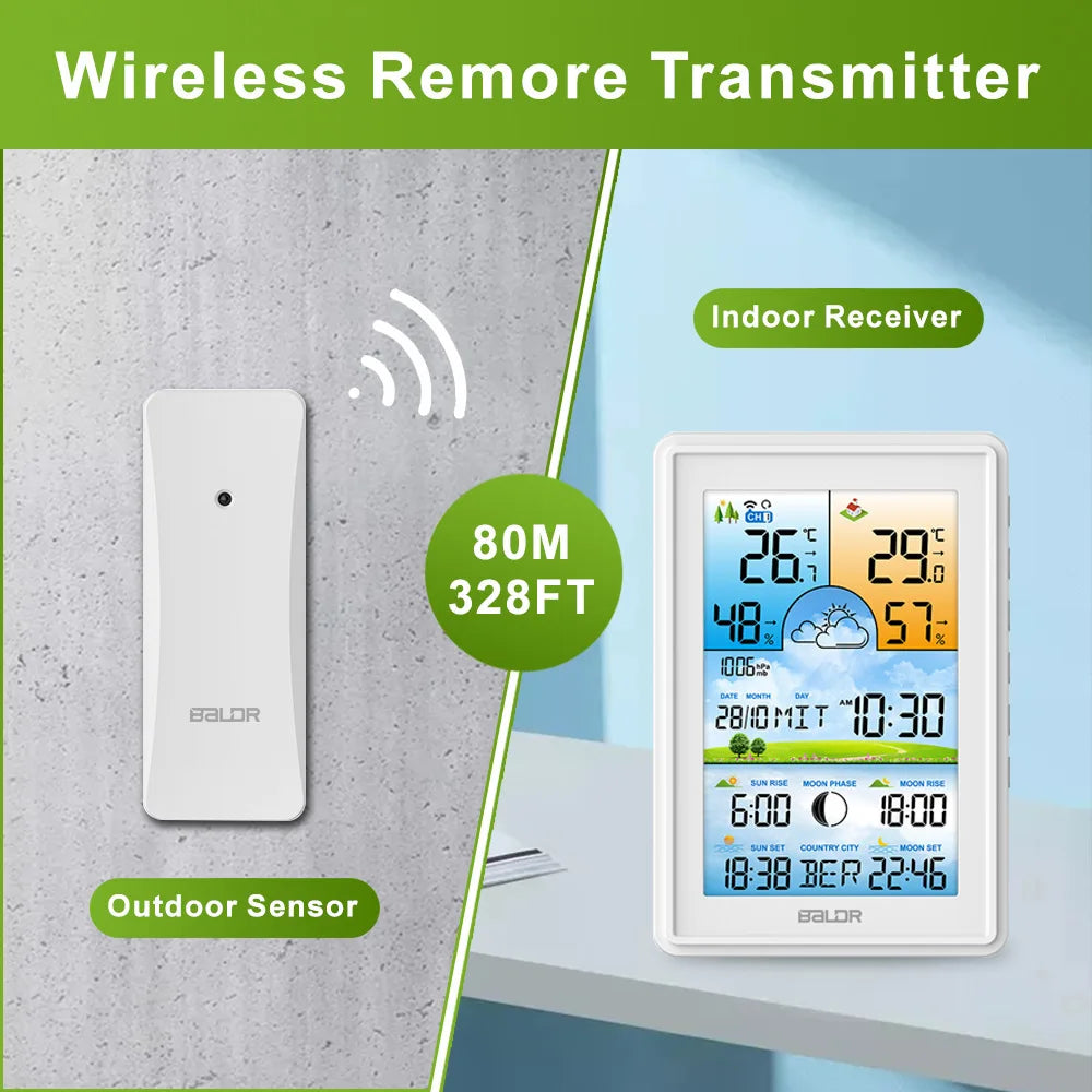 Baldr Wireless Digital Color Display Weather Station Clock Barometer Thermometer Hygrometer Trend Forecast Outdoor Sensor