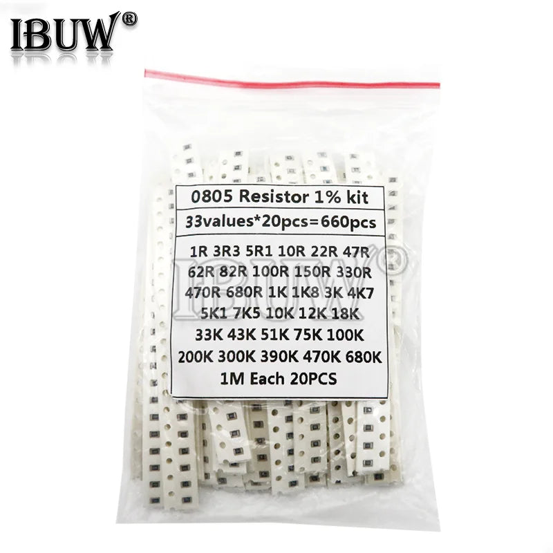 33ValuesX 20pcs=660pcs Sample kit 0805 SMD Resistor Kit Assorted Kit 1ohm-1M ohm 1%