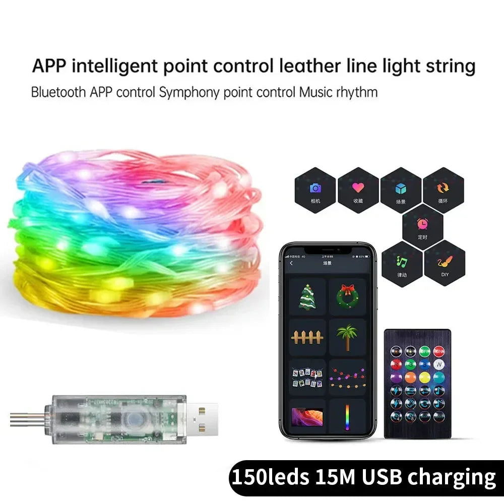 RGB Leather LED Fairy Lights 10M 40M Smart Bluetooth Music Light String IP65 Holiday Garland Decoration