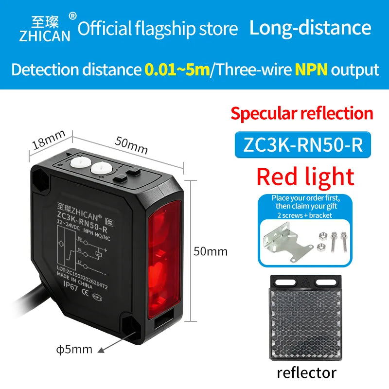 Zhican Zc3K Long Range Photoelectric Sensor 0.1-30m through Beam Retro Reflective Diffuse Reflective Switch