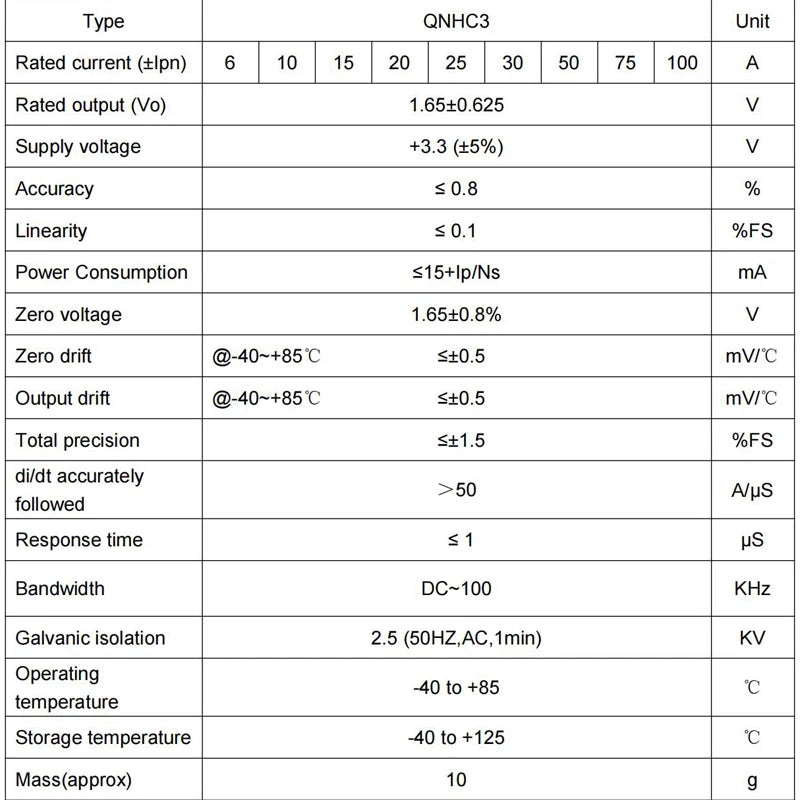Hall Current Sensor Transformer QNHC3 Output 2.5±2V 1.65±0.625V Input 10A 20A 30A 50A 100A DC Hall Effect Current Transducer