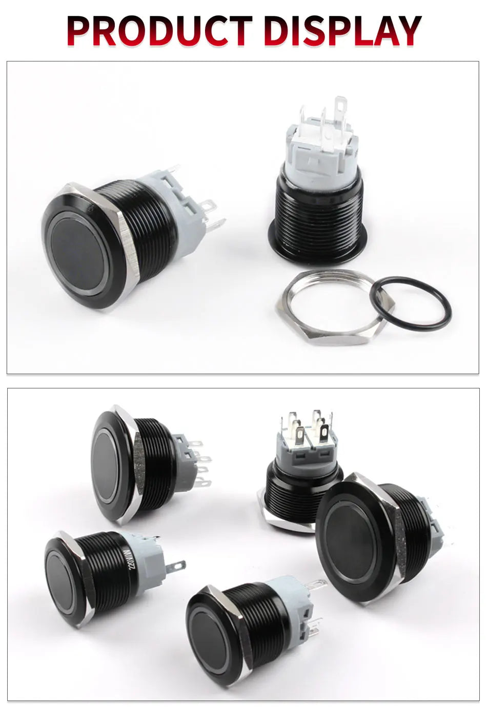 16/19/22mm Waterproof Metal Push Button Switch with socket LED Ring/Power Light Momentary Latching   5/12/24/220V black 1NO1NC