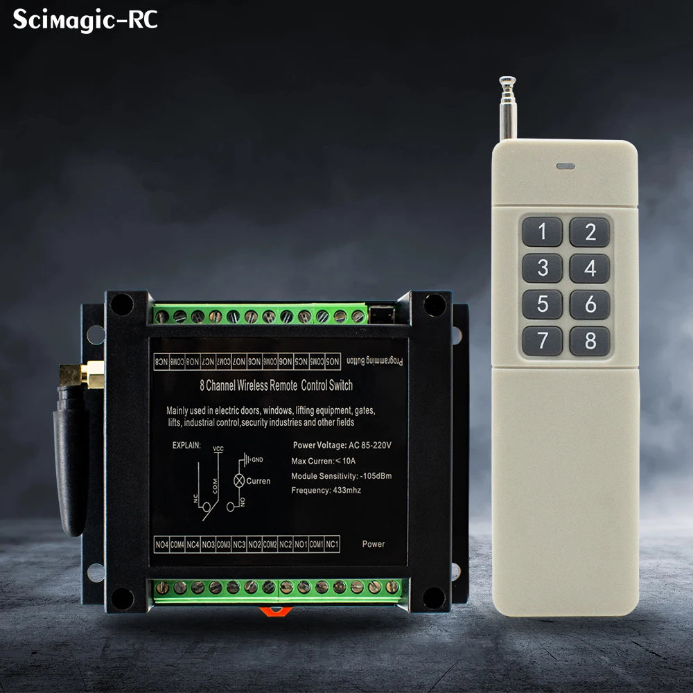 6/8CH Wireless Remote Control Switch AC 220V 100V-265V 10A Relay 6/8 Channels 433MHz Industrial Controller Receiver Transmitter