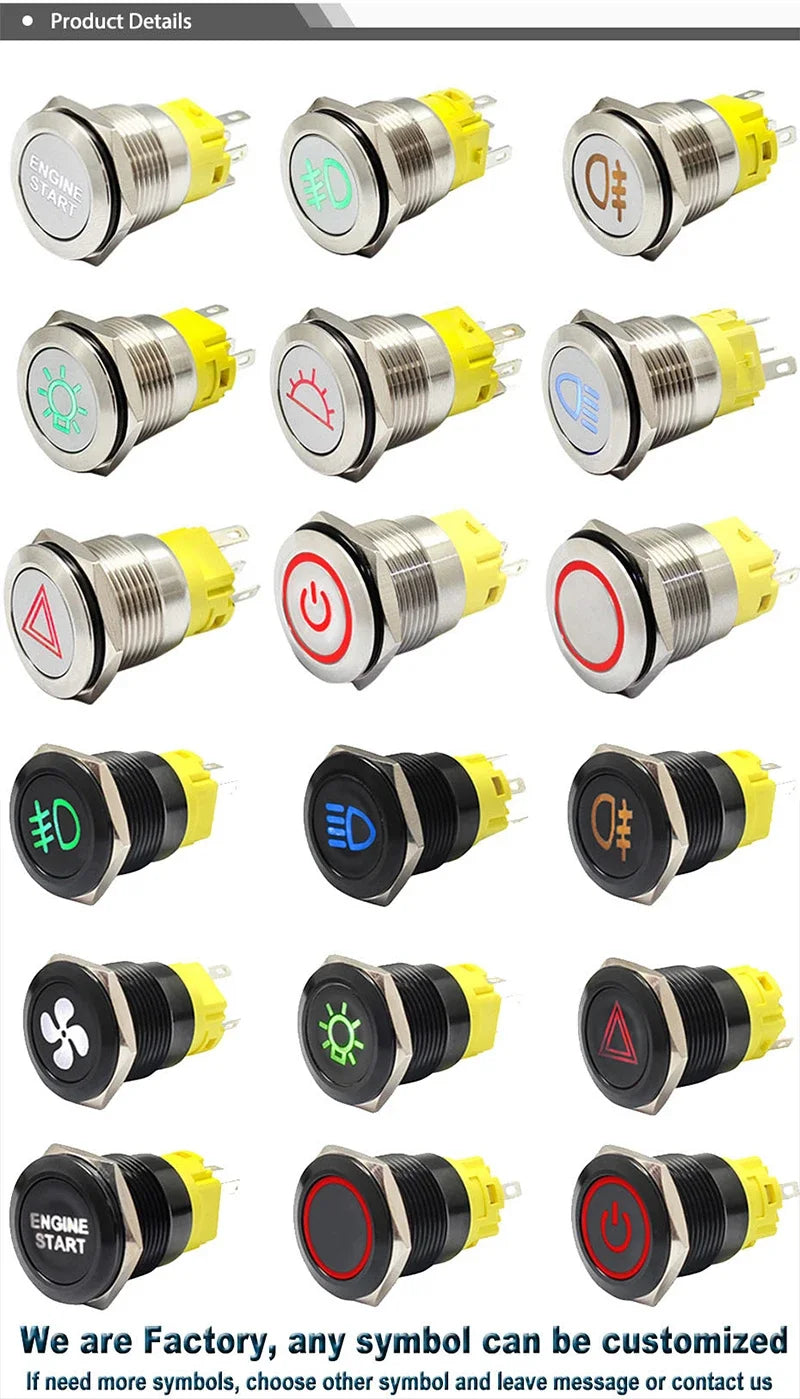 12V 19mm Warning LED Indicator Light Panel Metal Push Button Switch Lock and Momentary on Off with Dash LOGO Symbol