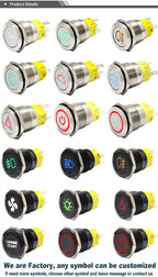 12V 19mm Warning LED Indicator Light Panel Metal Push Button Switch Lock and Momentary on Off with Dash LOGO Symbol