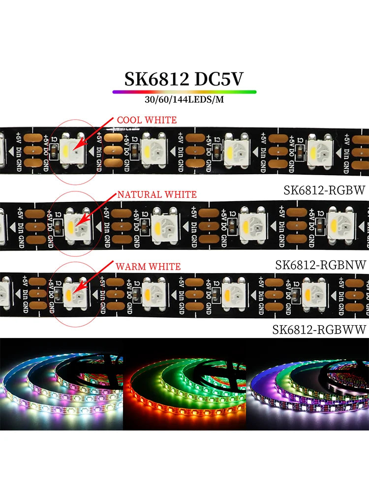 4 IN 1 SK6812 RGBW RGBNW RGBWW LED Strip (WS2812B Similar) Smart Color Soft LED Lights Lamp 30/60/144 LEDs/m Addressable Light 5