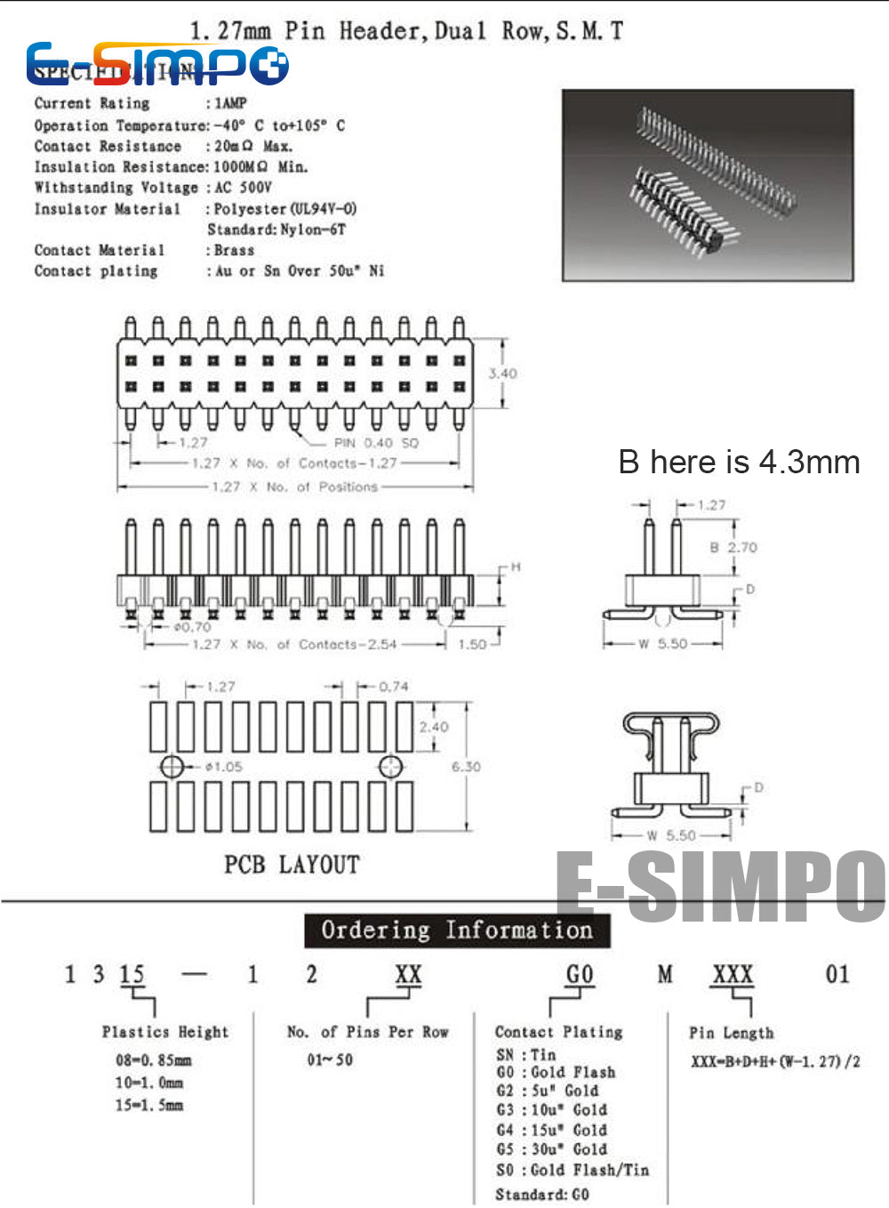100pcs 1.27mm SMT Header Double Row SMD 2X3/4/5/10/20/25/40/50P Single Plastic Gold-plated B=4.3mm PCB Male Pin Header Connector