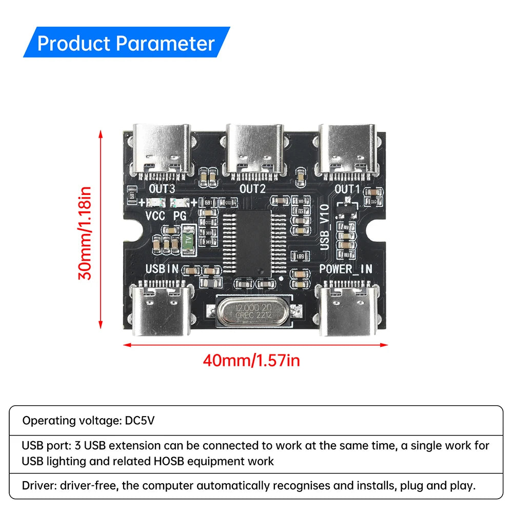 DC5V USB Expansion Board Hub 1 In 3 Out Hub Expansion Module With Power Interface Type C ﻿