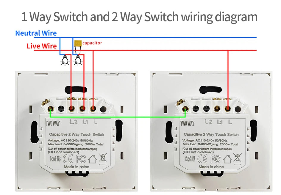 NYWP EU 86*86mm 1Gang 2Way Dual Touch Switch Tempered Glass Panel Stair Switch Bedroom Sensor Switches Cross No Need WI-FI