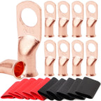 10pcs Copper Terminal Connectors, AWG 2 4 6 8 1/0 2/0 Ring Lug With Shrink Tubing 10Battery Cable Lugs, With 10 Shrink Tubing