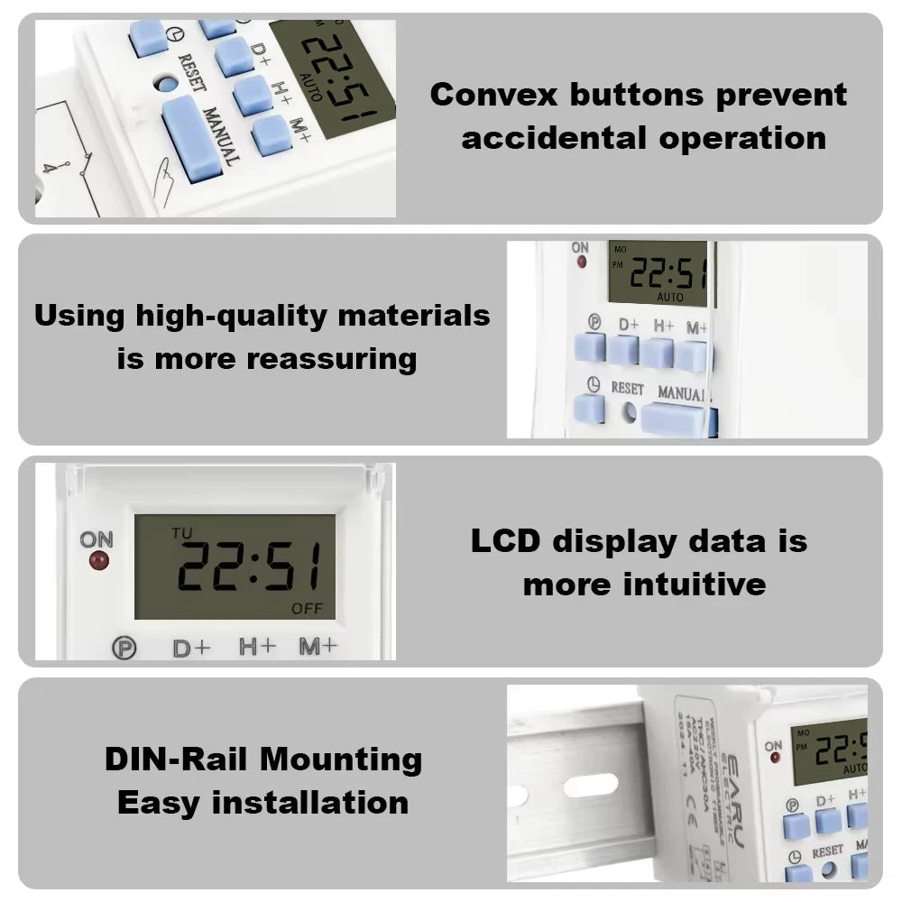 EARU DC AC 220V 12V THC15A 30A Electronic Weekly 7 Days Programmable LCD Digital Timer Switch Relay Control Din Rail 1NO1NC 1NO