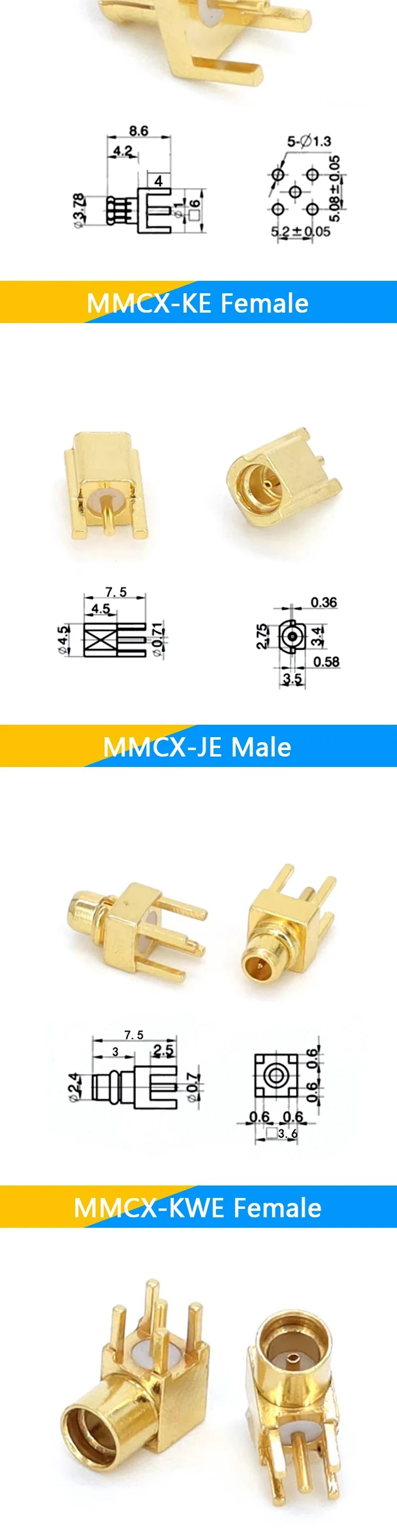 1-10PCS MCX MMCX Male Female PCB Mount Straight RF Coax Connector Right Angle 90-Degree Goldplated Welding Terminal