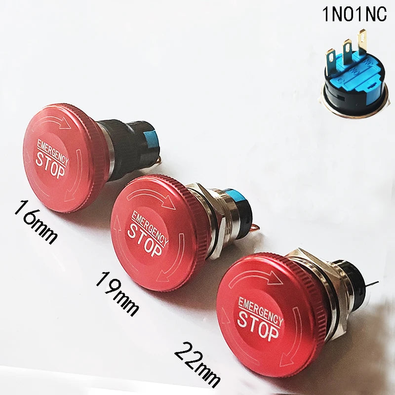 16mm 19mm 22mm Emergency Stop Metal Switch Mushroom Head Push Button Stop Switch 1NO1NC 2NO2NC Latching Switch Retention On Off