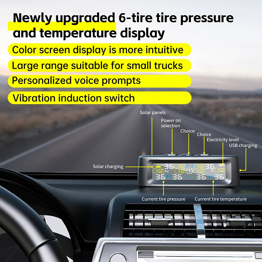Solar TPMS Car Tire Pressure Alarm Digital Colorful Display 4 Or 6 External Sensors Waterproof Tire Pressure Temperature Warning