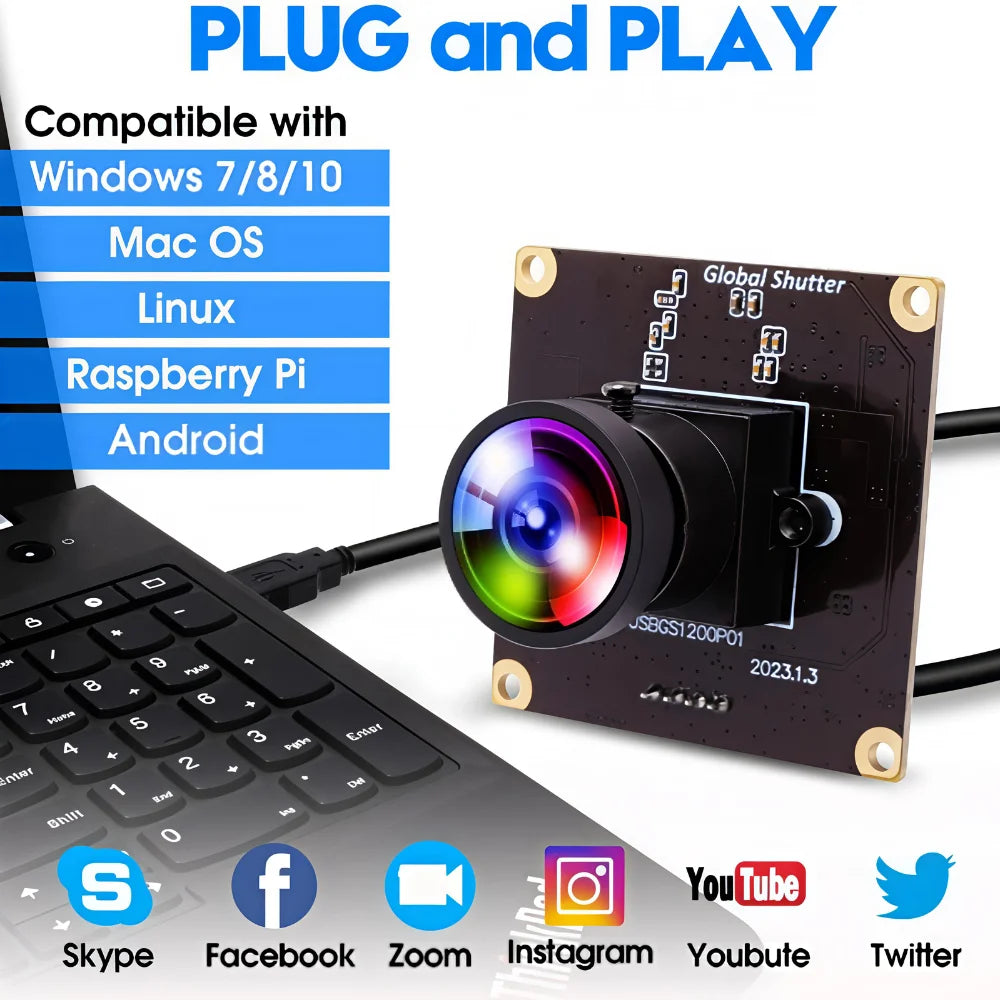 ELP AR0234 Global Shutter USB Camera 1080P 90fps Wide Angle No Distortion UVC Mini Webcam for Golf High Speed Sport PC