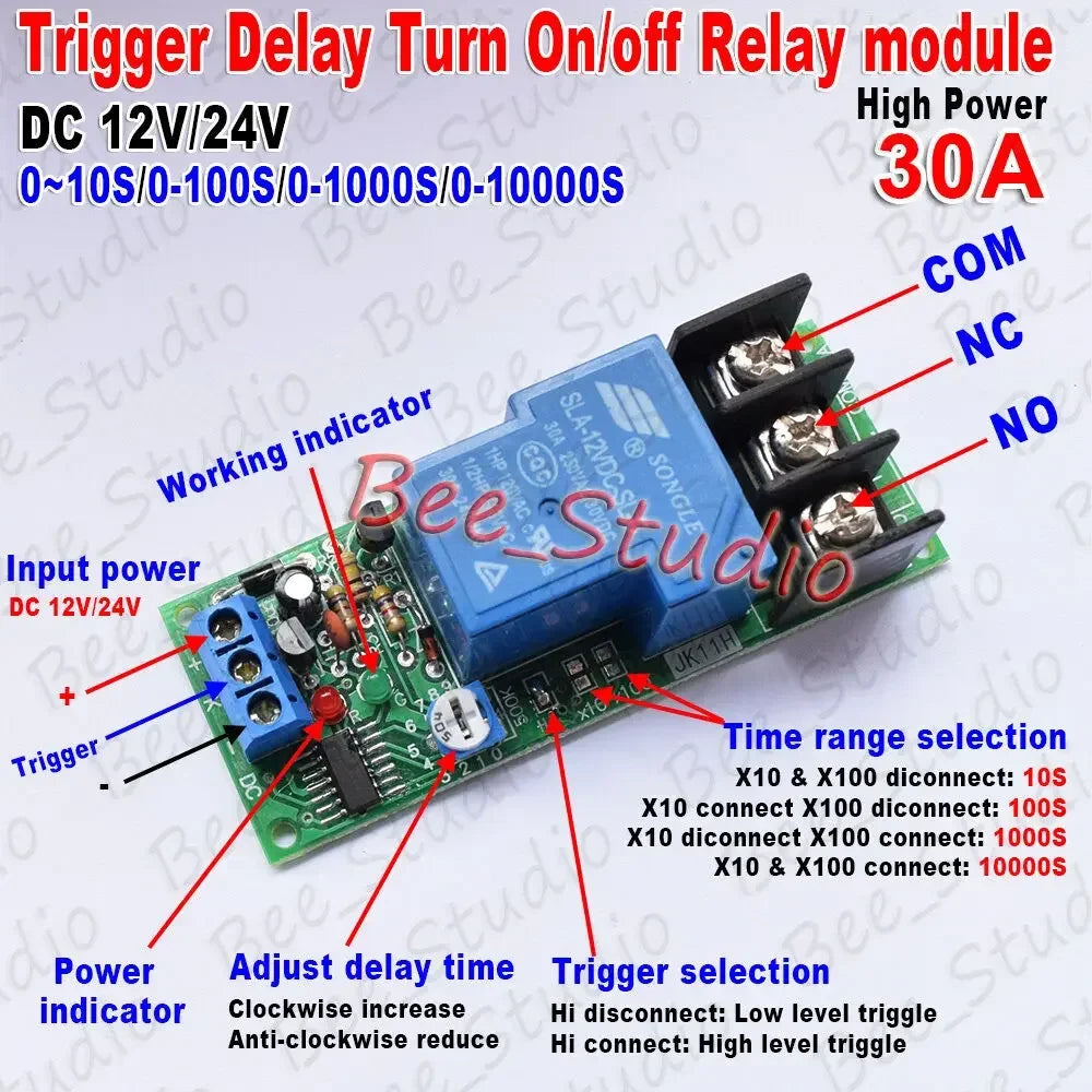 Time Delay Relay Module Circuit  Timer Control Switch DC 12V 24V 30A Adjustable Conduction