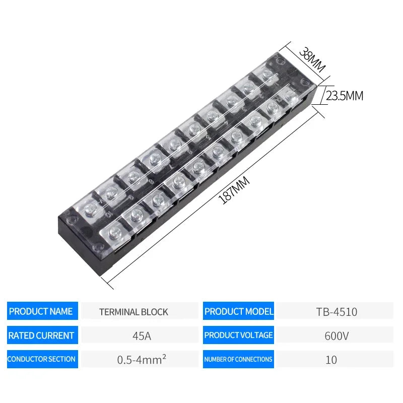 15A/25A/45A 600V Dual Row Barrier Screw Terminal Block Wire Connector TB Series 3/4/5/6/8/10/12 PIN Optional TB-1503 TB-2503