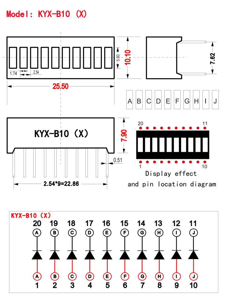 10pcs Multi-Color LED Display Bargraph Light 10 Segments Red Blue Yellow White Green Single Color Battery Level Bar Graph DIY