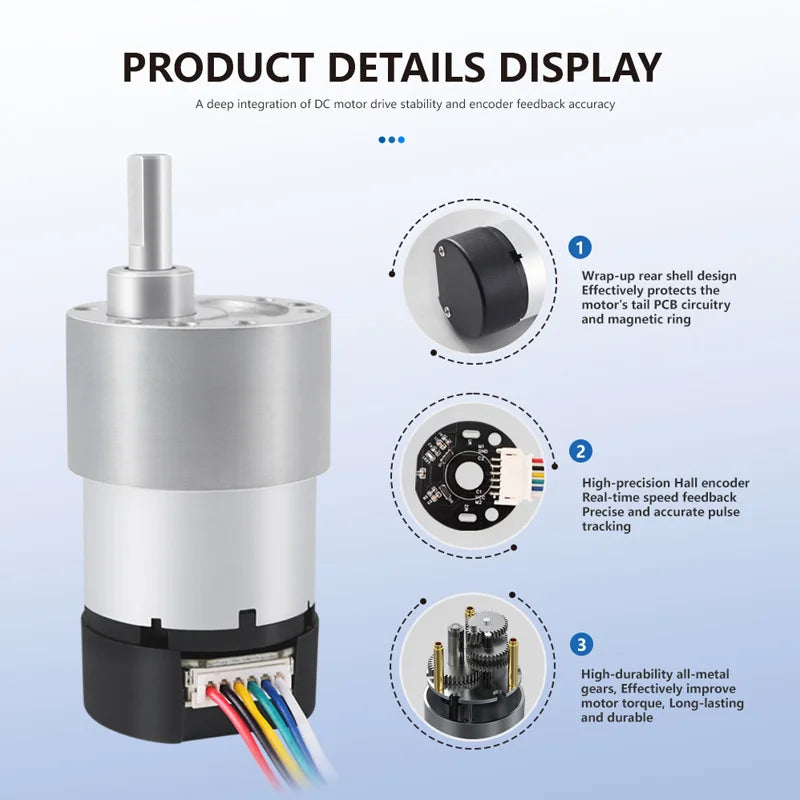 JGB37-520 Hall Encoder DC Geared Motor, 6V/12V, Reversible, High Torque 21KG.CM, All-metal Geared DC Motor With Hall Encoder.