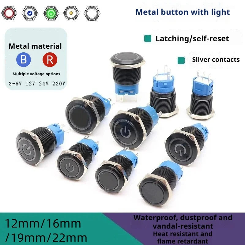 12/16/19/22MM black metal switch button self-locking latching reset power button start stop car motorcycle 6/12/24/220V on off