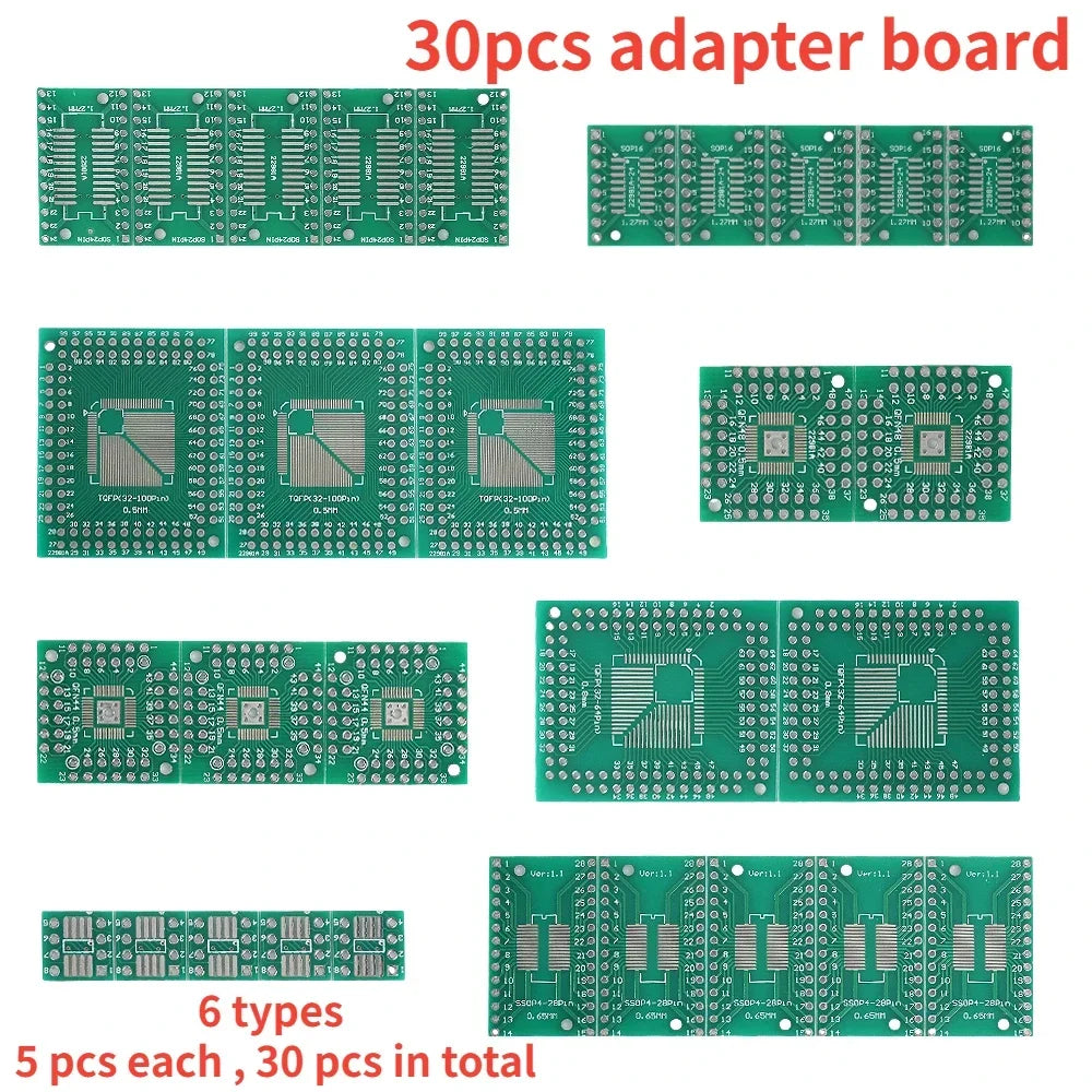 30PCS PCB Board Kit SMT To DIP Adapter Conversion Board Diy Electronic Assorted Set FQFP32 QFN48 SOP8 16/24/28 PCB