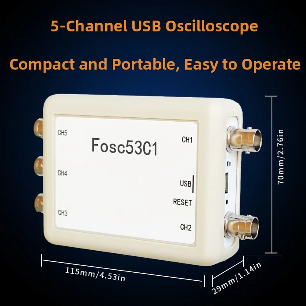 Fosc53C1 5 Channel USB Oscilloscope with 1MHz Sampling Rate 8.3 Million Sample Depth BNC Interface for Probing
