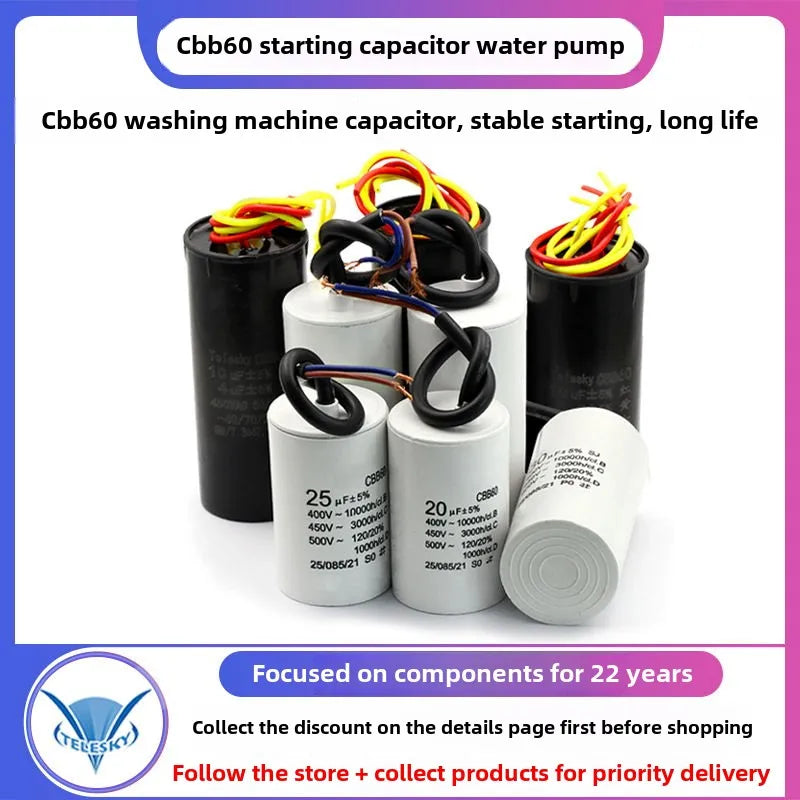 CBB60 Capacitor 450V AC Motor Run Capacitors 3/4/5/6/8/10/12/14/15/16/18/20/30/35/40/50/60/70UF for Washing Machine, Water Pump