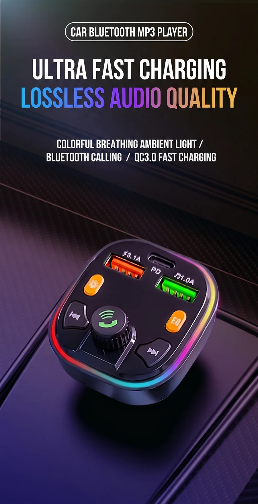 Wireless Car Bluetooth 5.0 FM Transmitter Radio Adapter RGB Light PD Fast Charger 3 Ports Hands-Free Call Bass Boost MP3