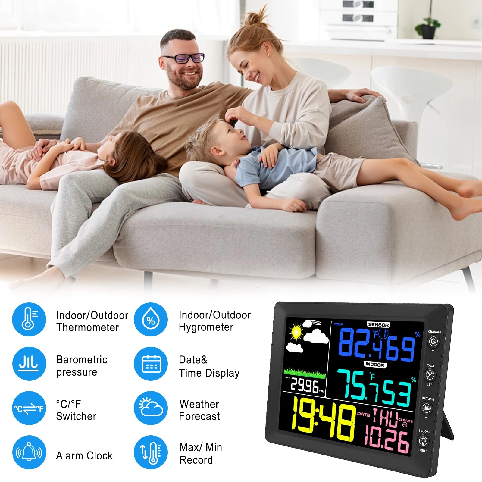 2025 Digital Thermometer Wireless Weather Station with 8.3'' Color Screen 3-in-1 Indoor/Outdoor Sensor Dew Point Monitor