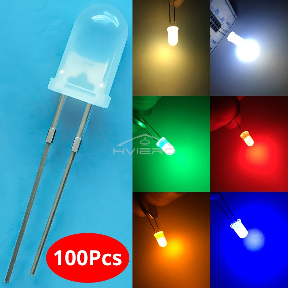 100pcs 5mm Round Diffused White Red Green Blue Yellow Warm Lightemitting Diode 2pin LED 6000~6500K Bulb Light Diodes Lamp 3V