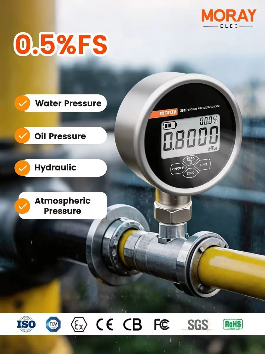 Moray ME261P Air/Water/Oil Digital Pressure Gauge 0.5%FS Stainless Steel Material IP54 Five-Digit Display