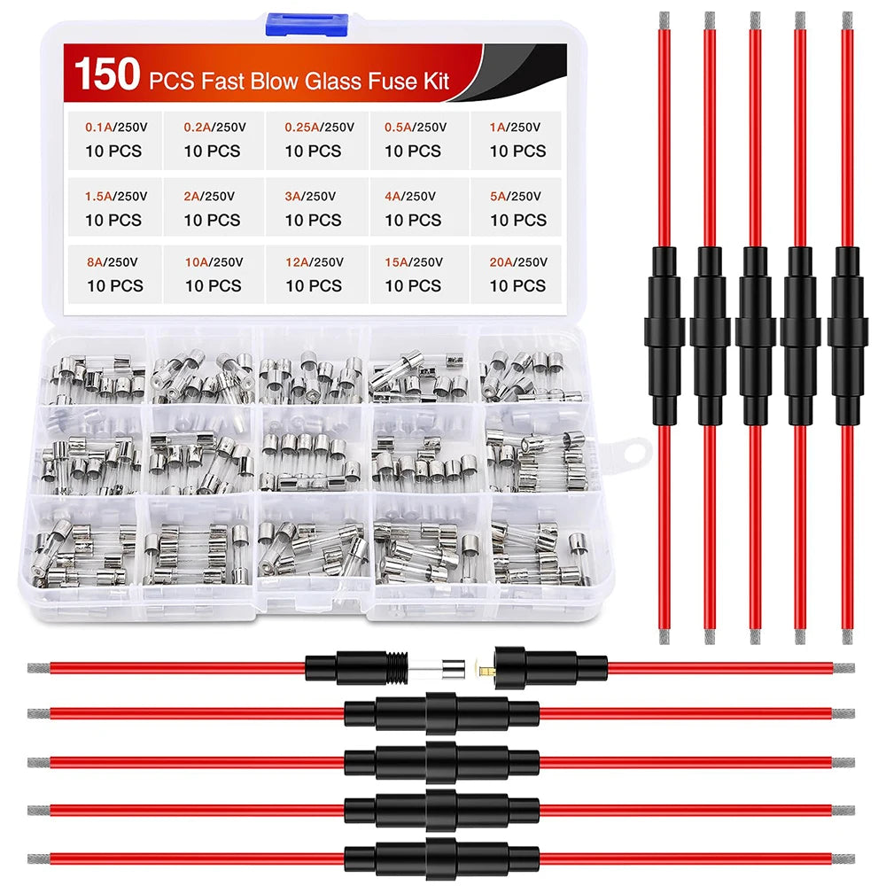 150PCS fast burning glass fuses with 10PCS 5x20mm inline fuse holder screw type 16AWG 250V 0.1A-20A glass tube fuse combination