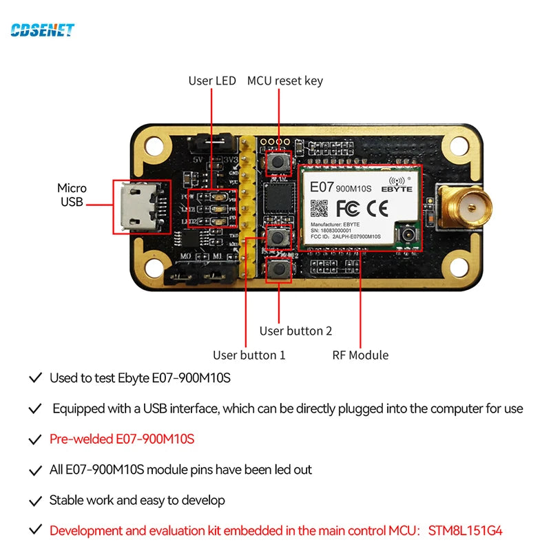 CDSENET E07-900MBL-01 New Generation Test Board E07-900M10S Development Evaluation Kit 850-931MHz CC1101 10dBm