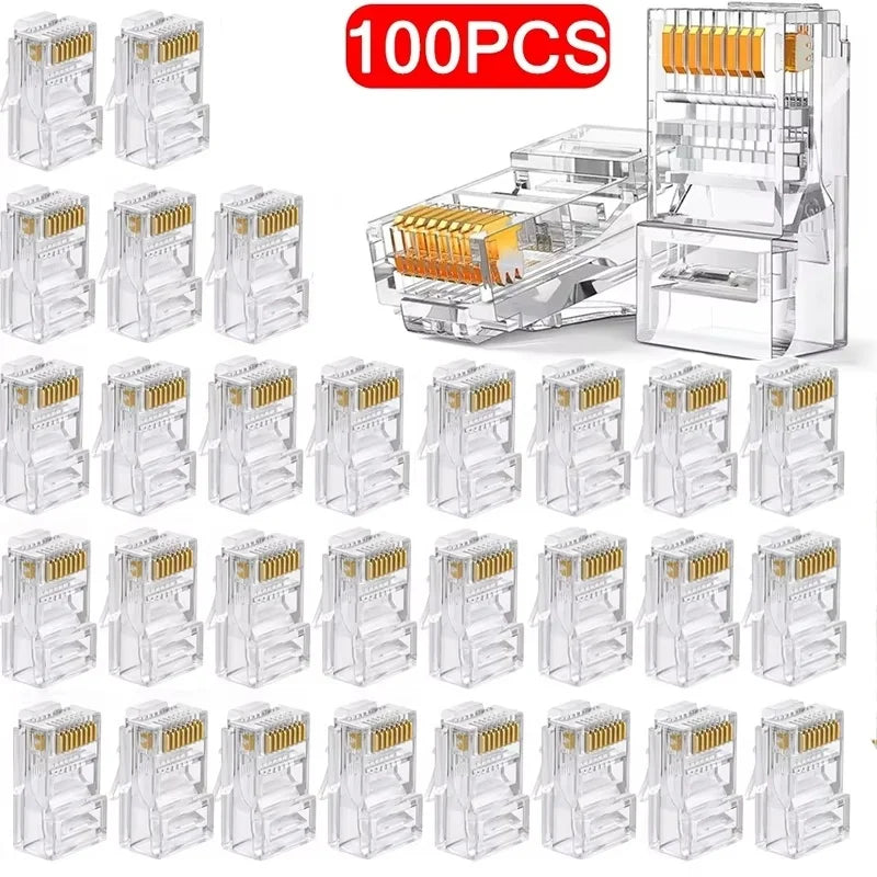 100pcs RJ45 Cat6 Cat5e Pass Through Network Connectors Ethernet Cable Gold-plated Crimp End Stranded UTP Shielded Modular Plug