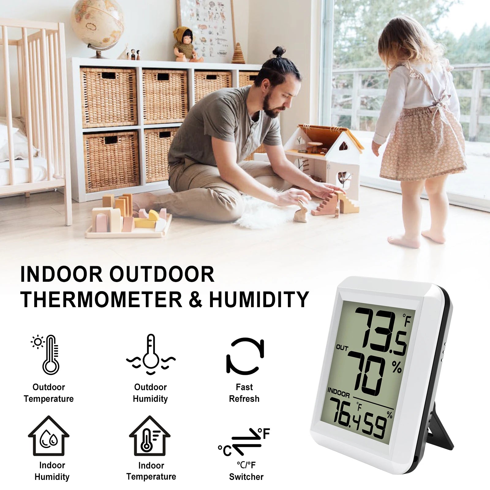 LCD Digital Thermometer Hygrometer Wireless Weather Station Thermo-hygrometer 328ft Remote Sensor  Resolution for Home Garden