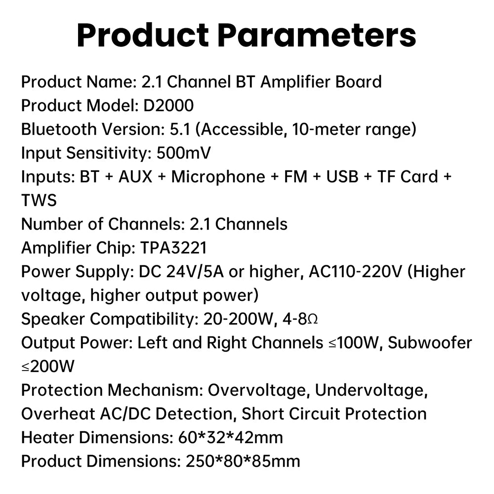 D2000 Bluetooth Amplifier Board 2.1-Channel TPA3221 Power Amplifier 100W+100W+200W with AUX FM USB TF Card TWS DC 24V/AC110-220V