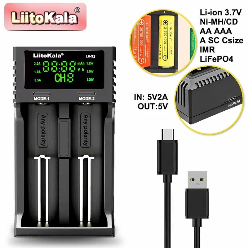 LiitoKala Lii-S2 Multi-Compatible Charger - Supports AA, AAA, 18650, 26650 Lithium Ion Batteries